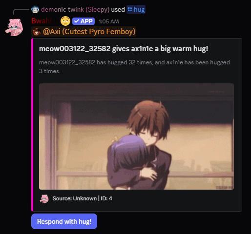 Screenshot of /hug command being used with Bwahhh